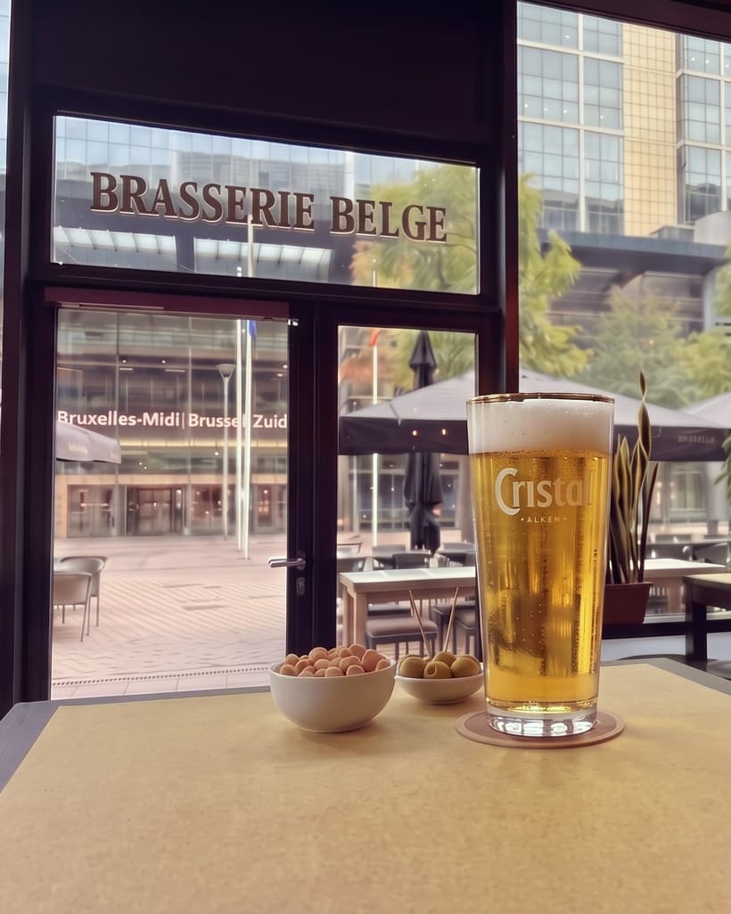 Une Cristal pression sur une table de la Brasserie Belge, l'enseigne sur la vitre et la gare Bruxelles-Midi juste en face